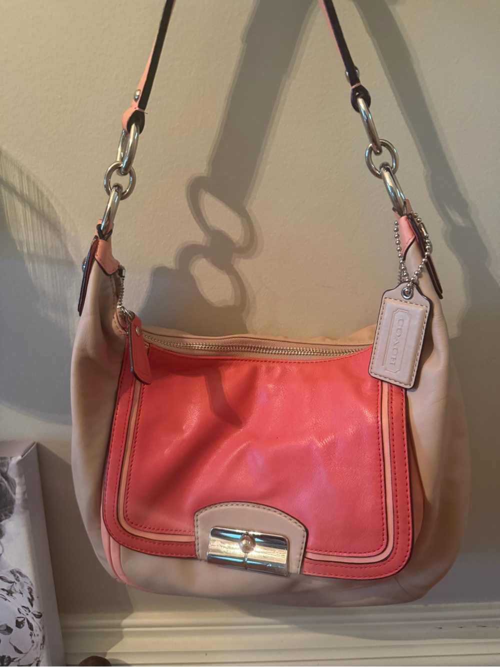 Coach Coral Pink and Cream Leather Shoulder Bag